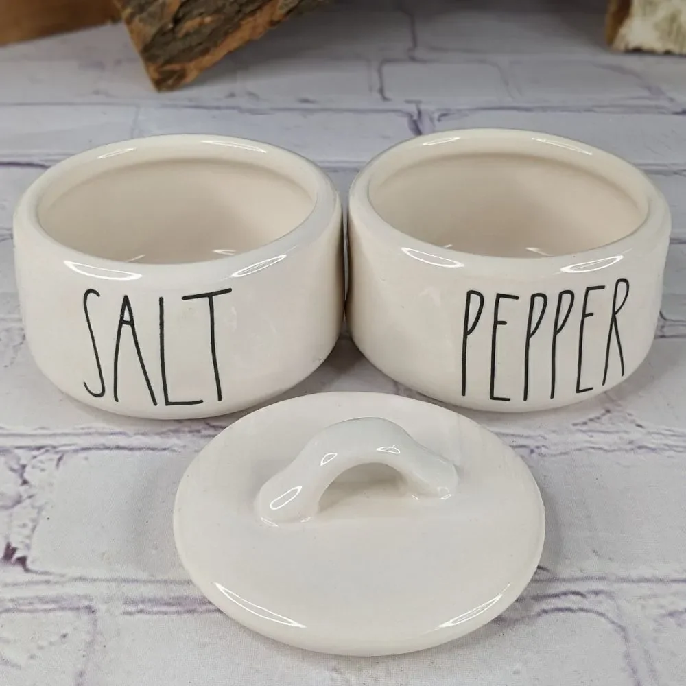 Rae Dunn SALT & PEPPER Ceramic 2 Piece Stacking Cellar Set with Lid